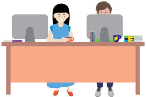 Cartoon of 2 people working at computers in office